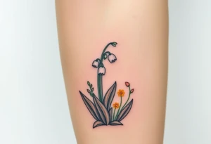 Small White lily in the valley bells growing next to other different colored lilie plants planted 
around  blooming hawthorn tree tattoo idea