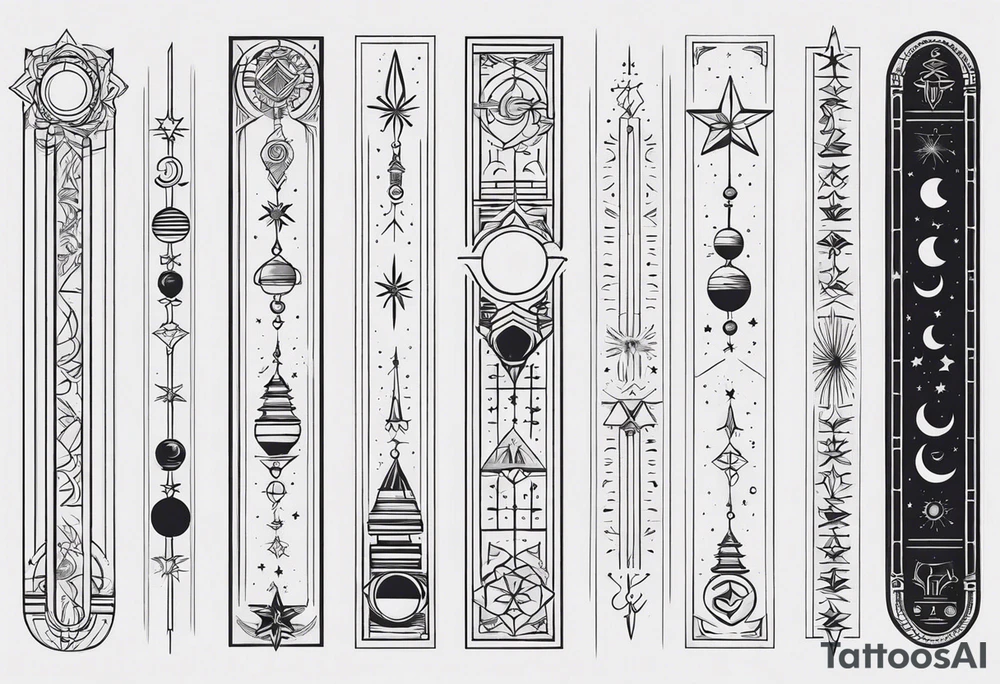 Long narrow line spine tattoo. Includes moon, stars and ancient symbols. Minimal design. tattoo idea