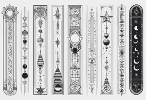 Long narrow line spine tattoo. Includes moon, stars and ancient symbols. Minimal design. tattoo idea