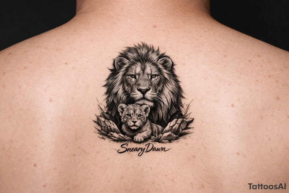 Big lion with smaller lion with saying of SnearyDawn tattoo idea