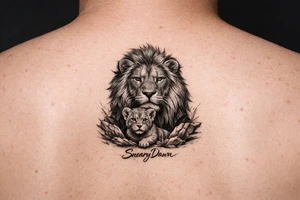 Big lion with smaller lion with saying of SnearyDawn tattoo idea