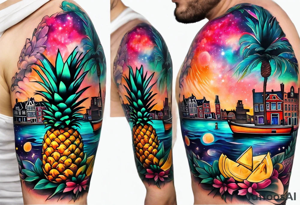animals and pineapples feauturing Amsterdam houses and canal in universe and galaxy colours tattoo idea