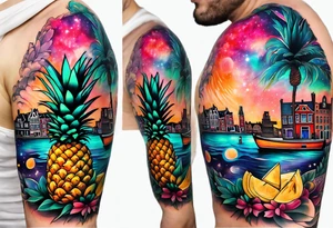 animals and pineapples feauturing Amsterdam houses and canal in universe and galaxy colours tattoo idea