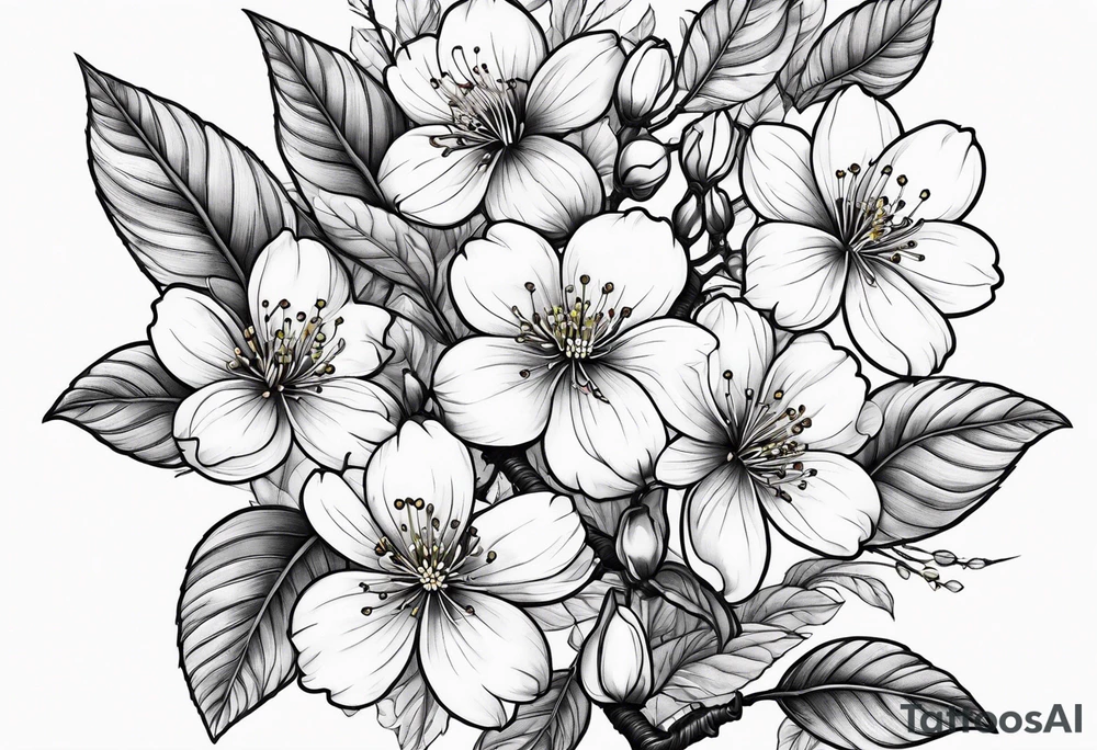 cherry blossoms with leaves and buds tattoo idea