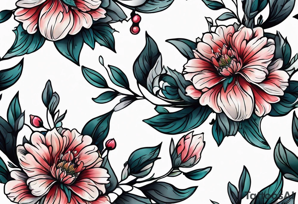 December,october, march birth flower left arm sleeve tattoo idea