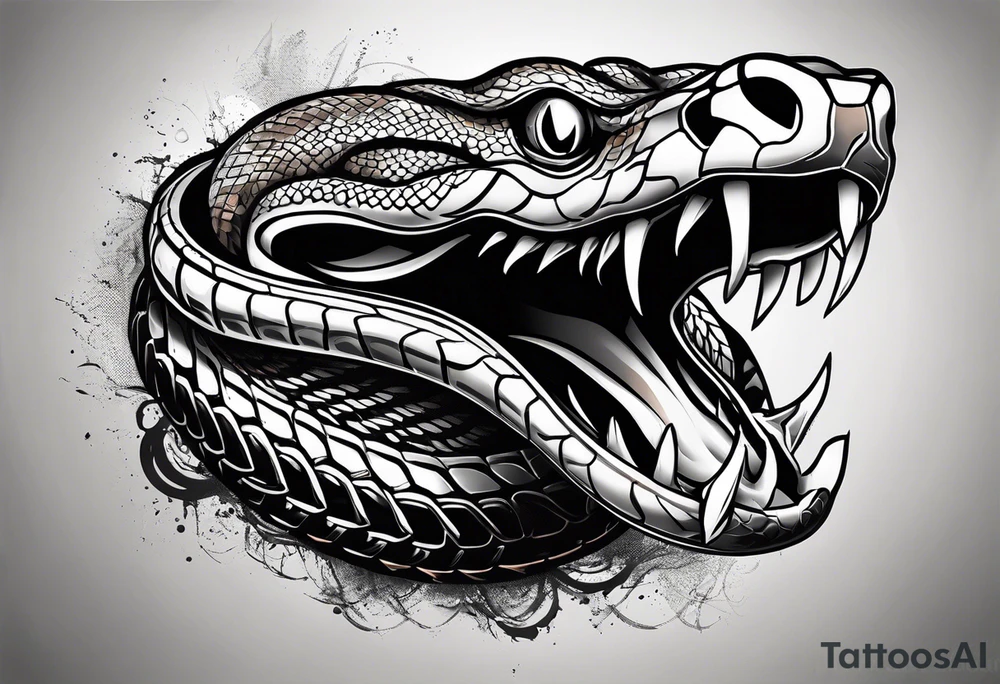 black and white drawing of a snake head with copper eyes an open mouth with mountain bike tire tread for body tattoo idea