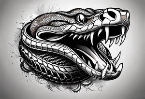 black and white drawing of a snake head with copper eyes an open mouth with mountain bike tire tread for body tattoo idea