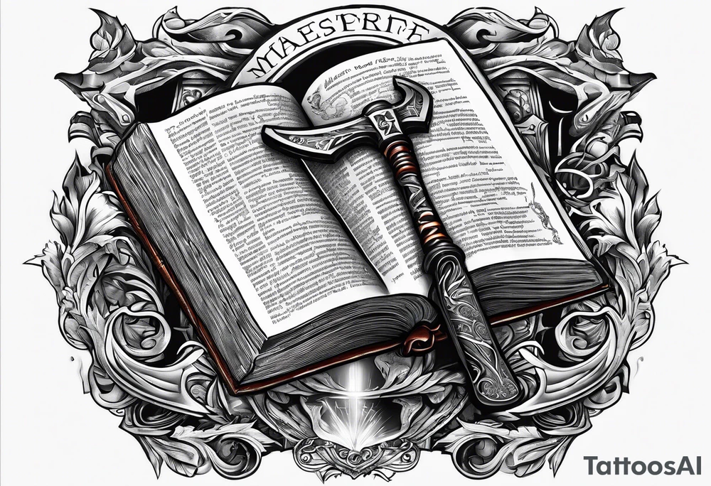 An opened bible with a battle Axe tattoo idea