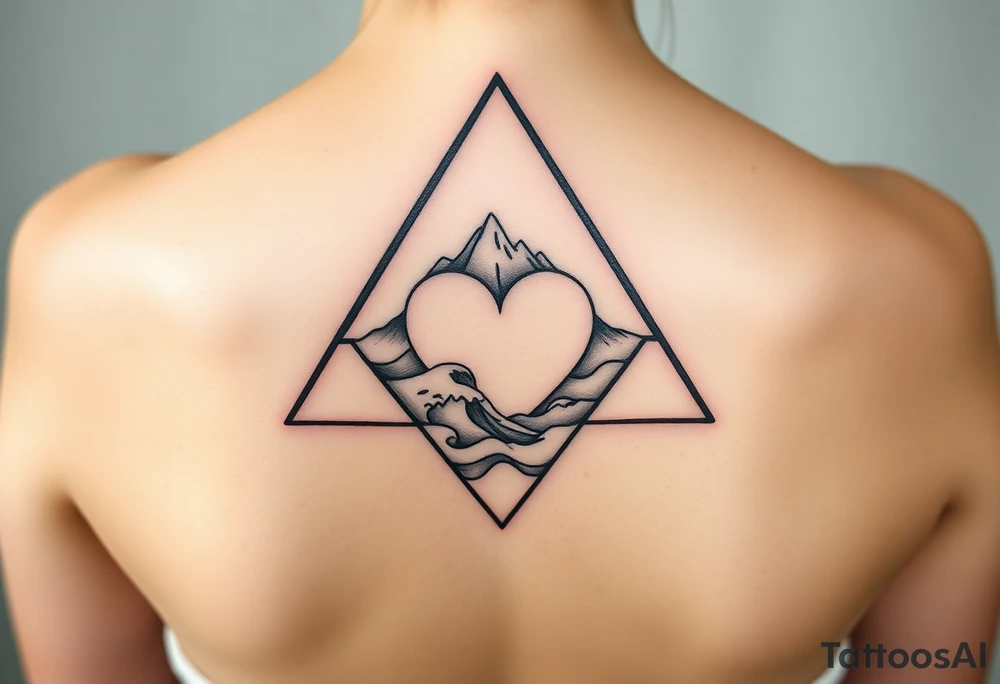 A triangle with a big heart in the center with an ocean mountain theme tattoo idea