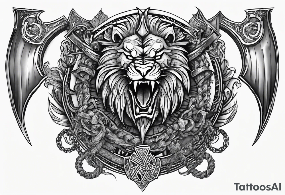 Valhalla sword shield  axe lion dragon 
Valknut  chains tattoo idea