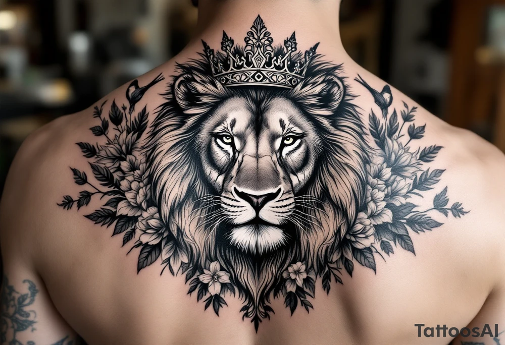 powerful majestic lion with a crown, surrounded by floral ornaments and birds tattoo idea