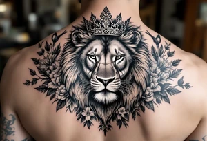 powerful majestic lion with a crown, surrounded by floral ornaments and birds tattoo idea