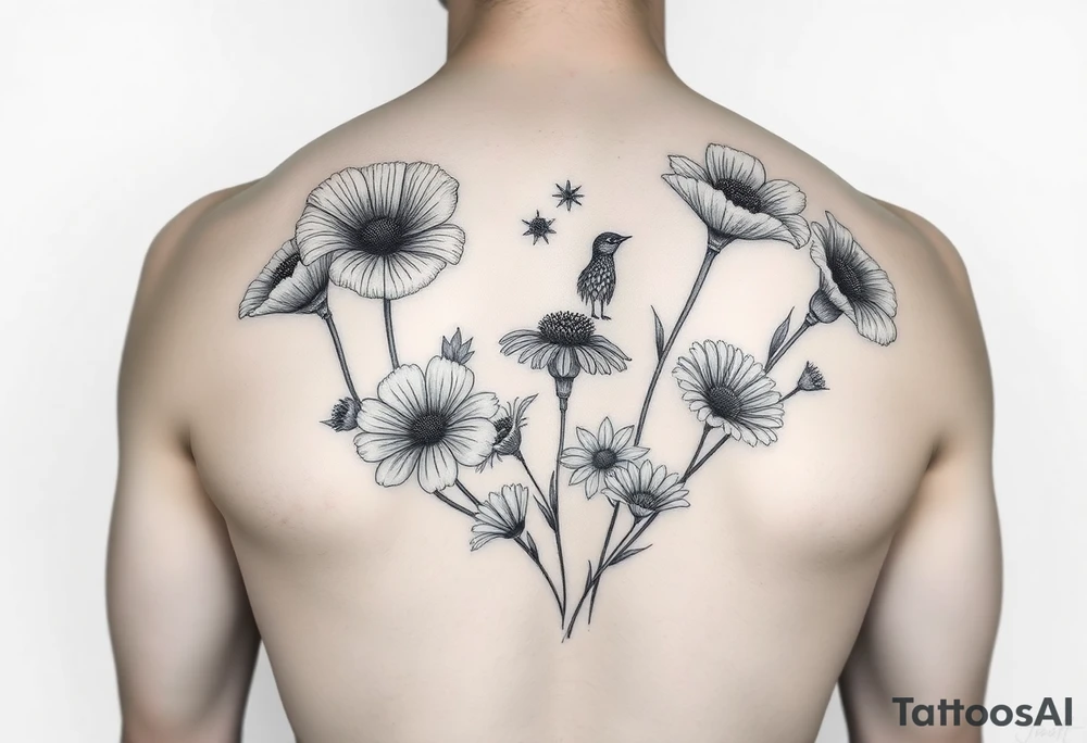 Create an image of an upper arm tattoo (from shoulder cap to just above the elbow) comprised of California poppies, California blackberries, gray’s lupine, marsh marigold, Indian paintbrush, one daisy, and an orange and orange blossom tattoo idea