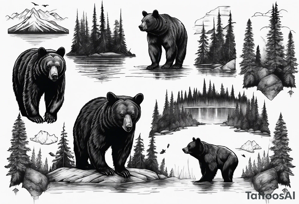 black bear over a forest with a lake below tattoo idea