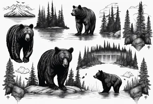 black bear over a forest with a lake below tattoo idea