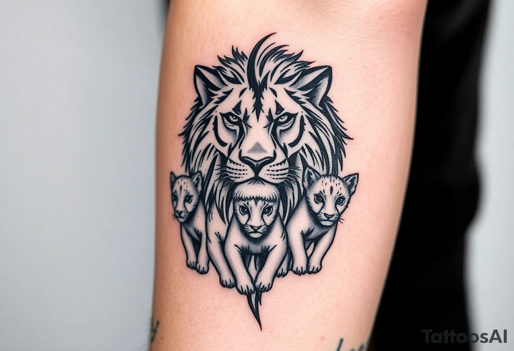 Tribal half male lion half 3 female cubs tattoo idea