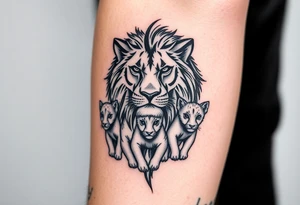 Tribal half male lion half 3 female cubs tattoo idea