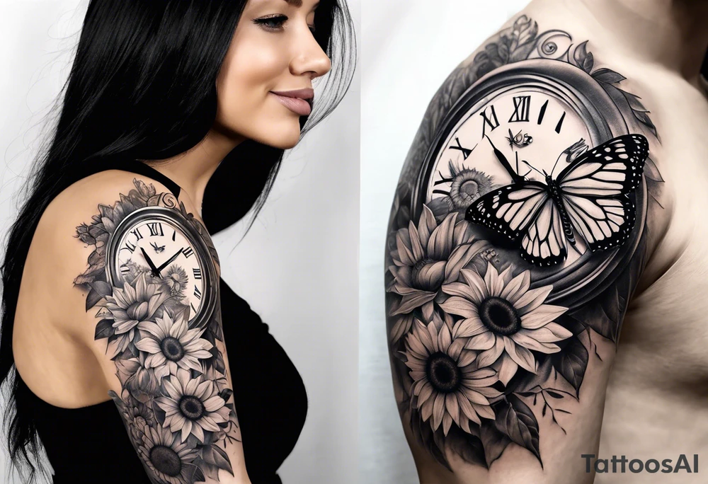 Sleeve with clock, sunflower and butterfly tattoo idea