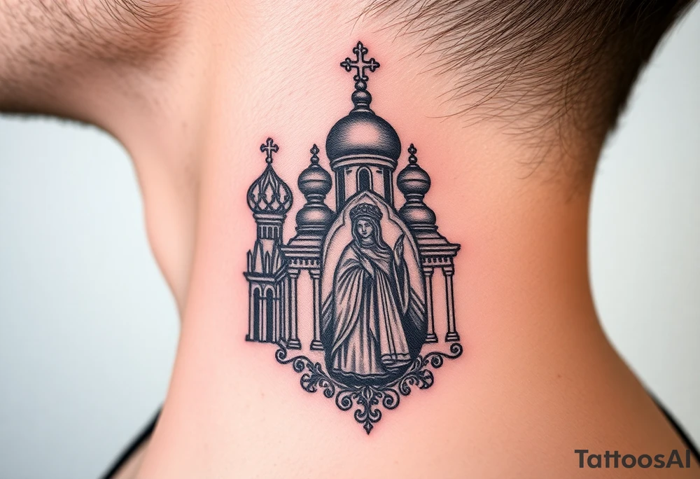 medium traditional russian orthodox church with russian coat arms and virgin mary on the side of your neck tattoo idea
