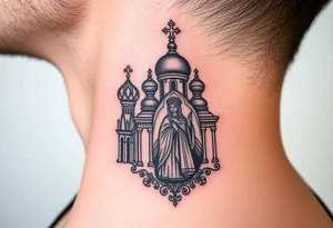 medium traditional russian orthodox church with russian coat arms and virgin mary on the side of your neck tattoo idea