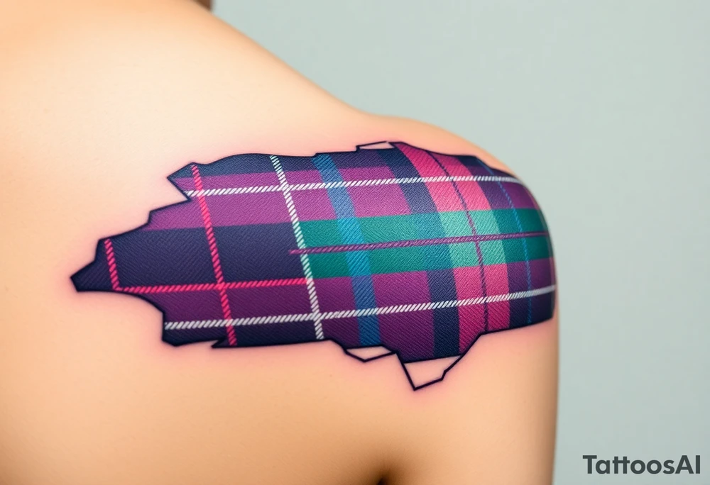 Side of arm Dark Purple with green pink blue and white highlights tartan fabric with skin peeling away at edges tattoo idea