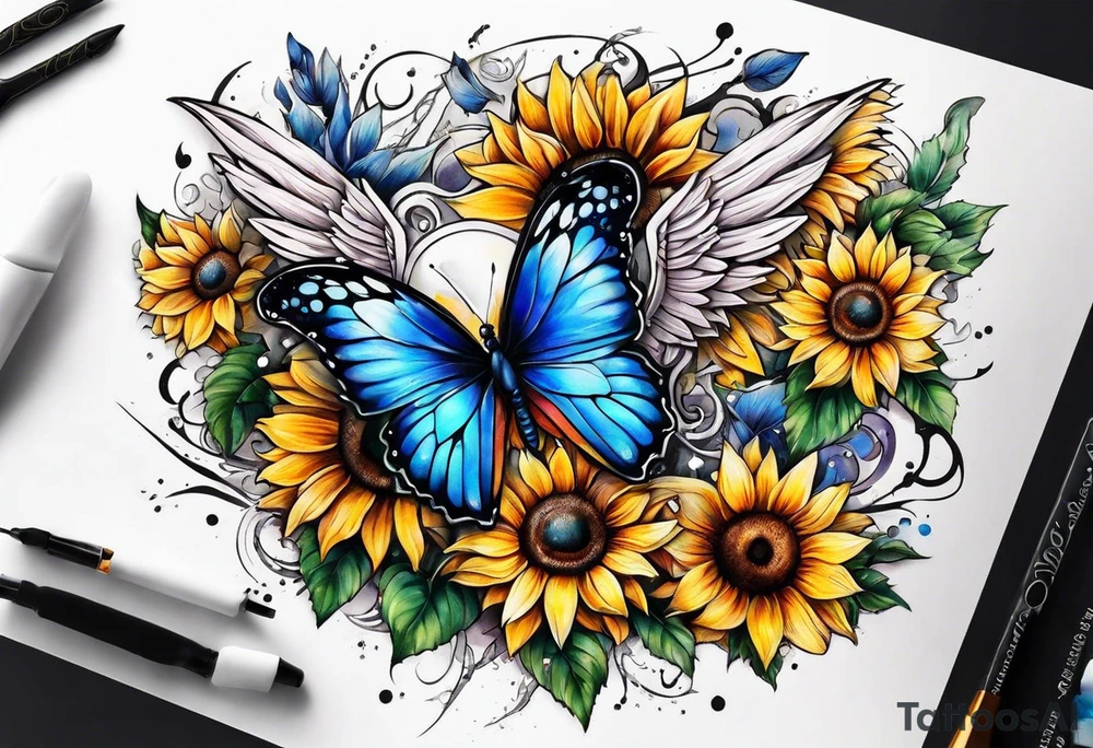 Sleeve with angel wings, sunflower and butterfly tattoo idea