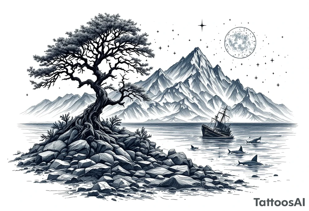 tattoo that has an acacia tree with mountains, ocean with a ship wreck with sharks and the northern star tattoo idea