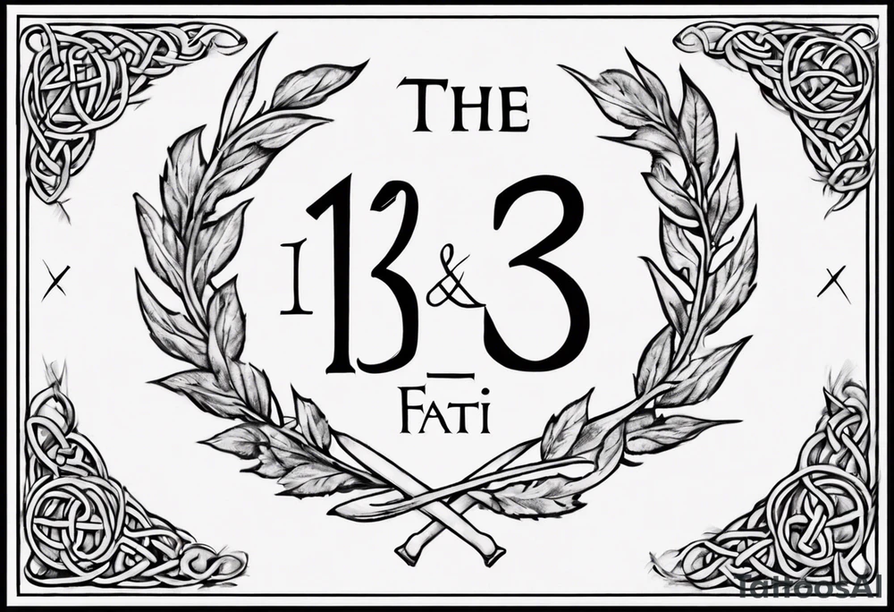 The number 13 in the middle of a laurel leaf wreath, a Celtic sword under the number and the words "amor fati". tattoo idea