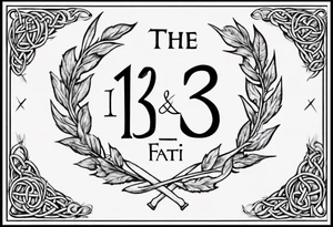 The number 13 in the middle of a laurel leaf wreath, a Celtic sword under the number and the words "amor fati". tattoo idea