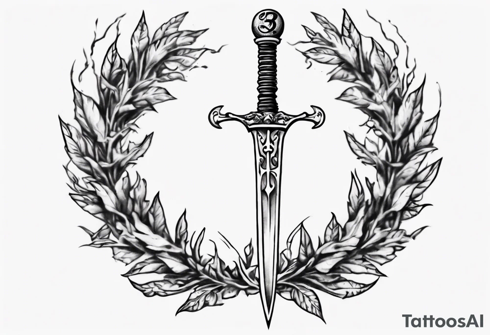 A sword and the number 13 in the middle of a laurel leaf wreath tattoo idea