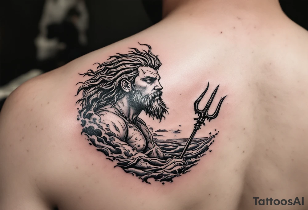 fit poseidon, with trident, in water, looking at the horizon tattoo idea