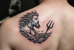 fit poseidon, with trident, in water, looking at the horizon tattoo idea