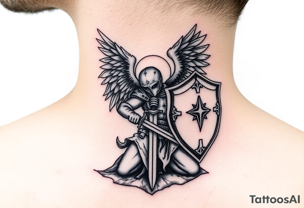 Kneeling warrior angel with a sword and shield tattoo idea