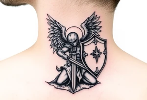 Kneeling warrior angel with a sword and shield tattoo idea