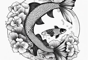 elegant Koi fish wit log tail and pearls, ginkgo leaf, white background tattoo idea