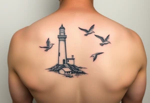 Baltic Sea tattoo with lighthouse surrounded by seagulls tattoo idea