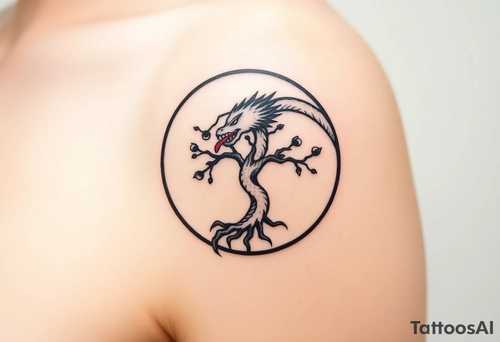 a dragon forming a circle with its body.  the dragon encircles the tree of life.   the tree of life has fruit  and the dragon is eating the fruit. the roots of the tree are strangling the tail of the dragon tattoo idea