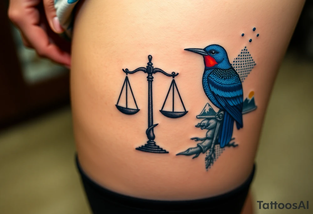 one of the birds red wearing a suit, other bird navy blue with glasses or holding a book, scales of justice built into a tree, starry night painting and mountain background tattoo idea