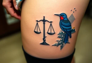 one of the birds red wearing a suit, other bird navy blue with glasses or holding a book, scales of justice built into a tree, starry night painting and mountain background tattoo idea