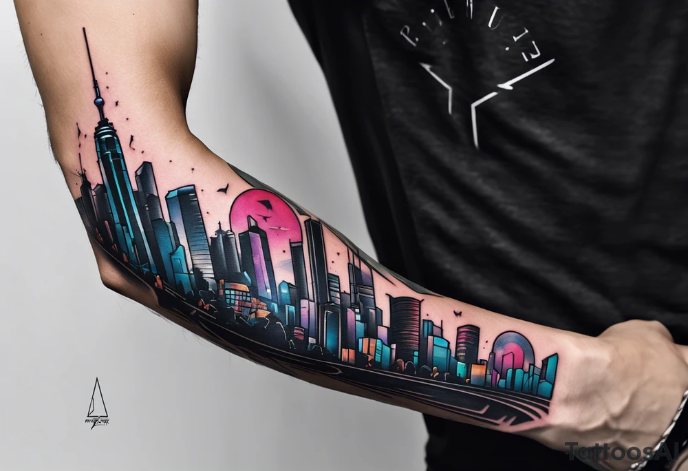 cyberpunk 2077, forearm tattoo, geometric, subtle, men, city skyline tattoo idea