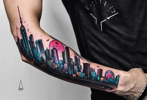 cyberpunk 2077, forearm tattoo, geometric, subtle, men, city skyline tattoo idea