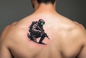 Navy Seal Soldier in Night Ops – A soldier in sleek black gear, carrying a suppressed weapon, crouching in the shadows, with night vision goggles reflecting an eerie green light. tattoo idea
