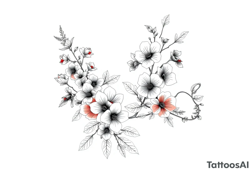 Full sleeve tattoo design of larkspur and hawthorn flowers, highly detailed line art, RED ink, elegant botanical style, intertwined composition, no shading, no human mock-up, clean stencil style suitable for tattooing, fit fully within boundaries. LINE ART ONLY, REMOVE HUMAN, NO SKIN, NO ARM, NO HUMAN BODY PARTS tattoo idea