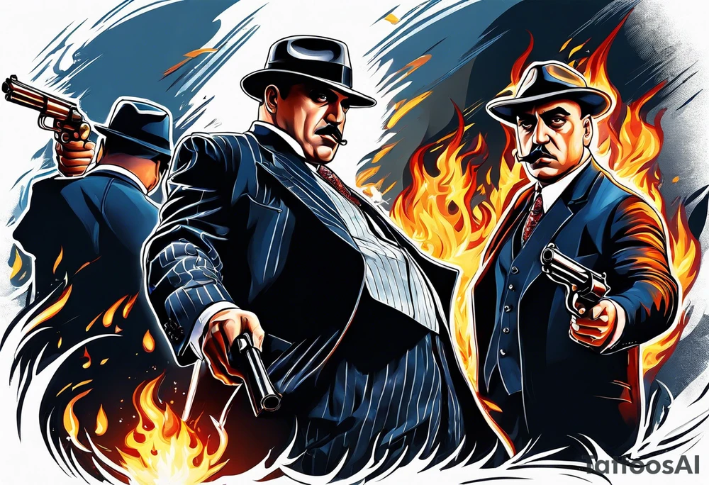 capone style gangsters having a shootout against a dark background scene with flames blues tattoo idea