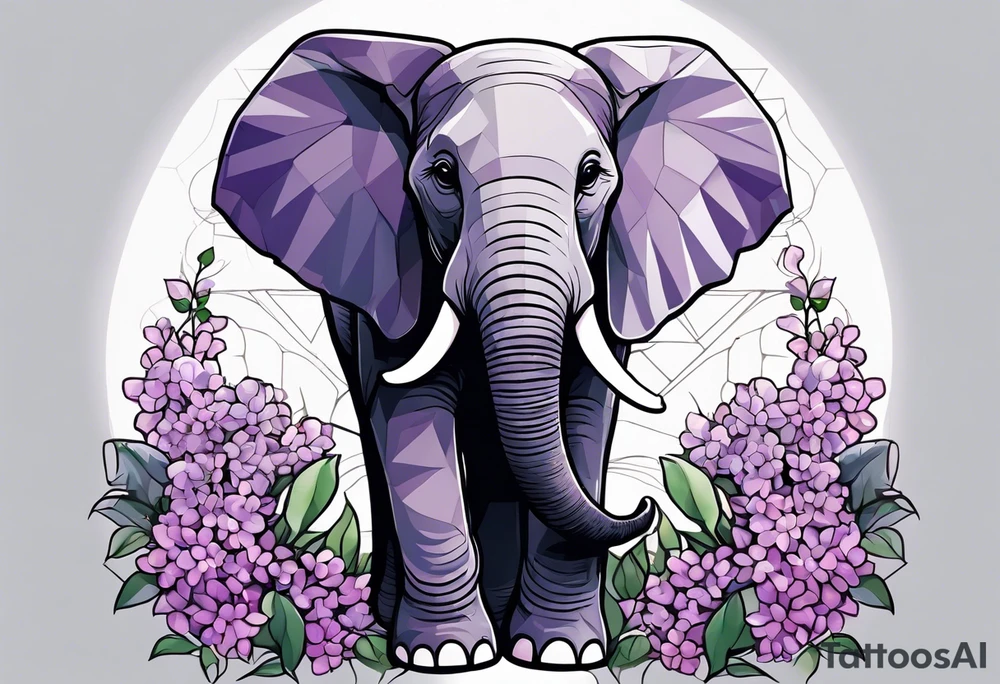 Baby elephant sitting with lilacs in its trunk tattoo idea