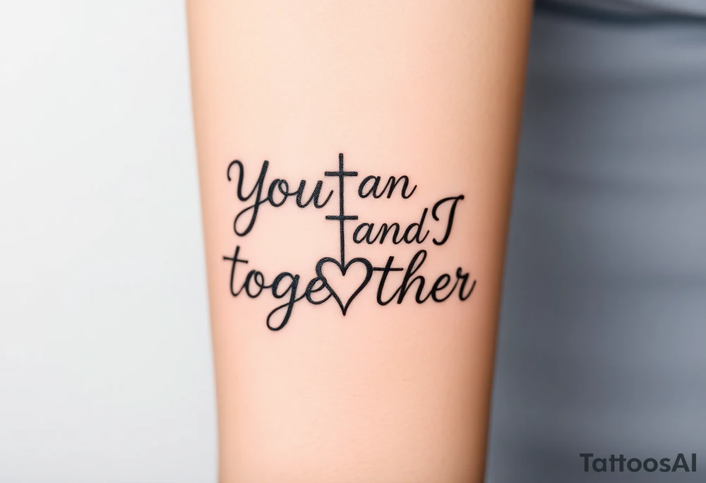 "You and I together" with a cross, and a heart integrated into the design tattoo idea