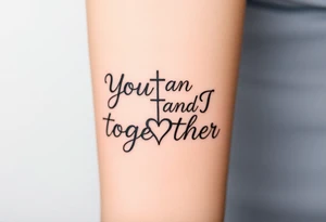 "You and I together" with a cross, and a heart integrated into the design tattoo idea