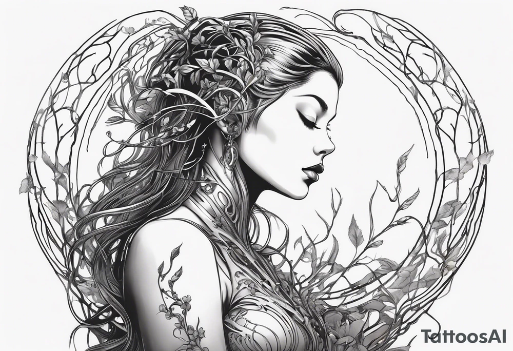 Hajime Sorayama type blended with HR Giger alien woman with vines tattoo idea