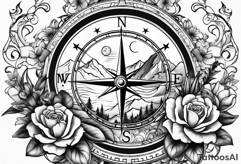 Compass with mountains and moons and flowers like roses or orchids tattoo idea