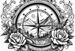 Compass with mountains and moons and flowers like roses or orchids tattoo idea
